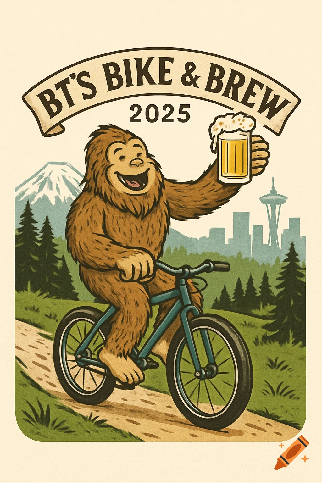 Cartoon of a happy sasquatch riding a bike, holding a beer mug, with 'BT's Bike & Brew 2025' banner, Mount Rainier and Seattle skyline in background.