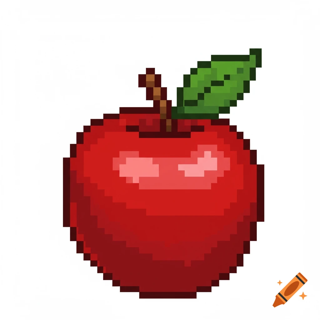 A red pixel art apple with a brown stem and a green leaf on a transparent background.