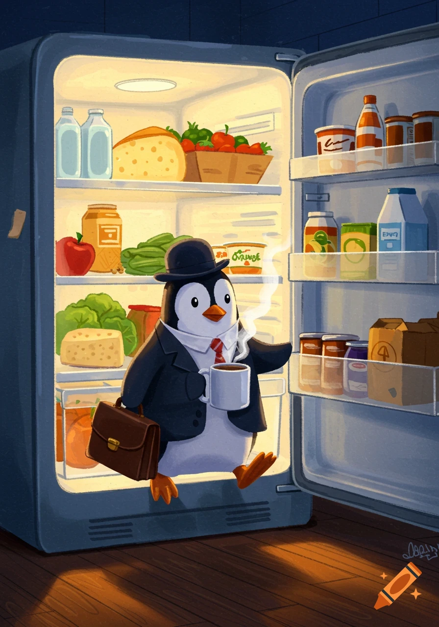 Cartoon penguin in suit and hat sits in open refrigerator with coffee cup