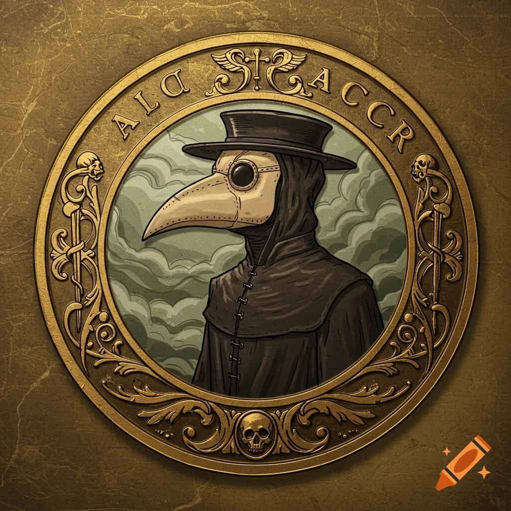 A stylized golden coin featuring a plague doctor in a black hat and beak mask, set against a smoky background. The coin's ornate border includes skulls and decorative engravings.