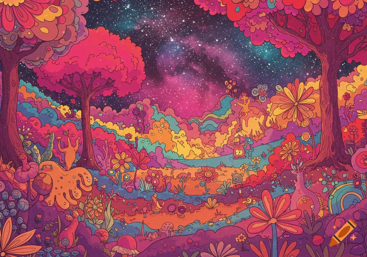 A vibrant, stylized psychedelic landscape illustration with colorful trees, flowers, and mushrooms under a starry sky.
