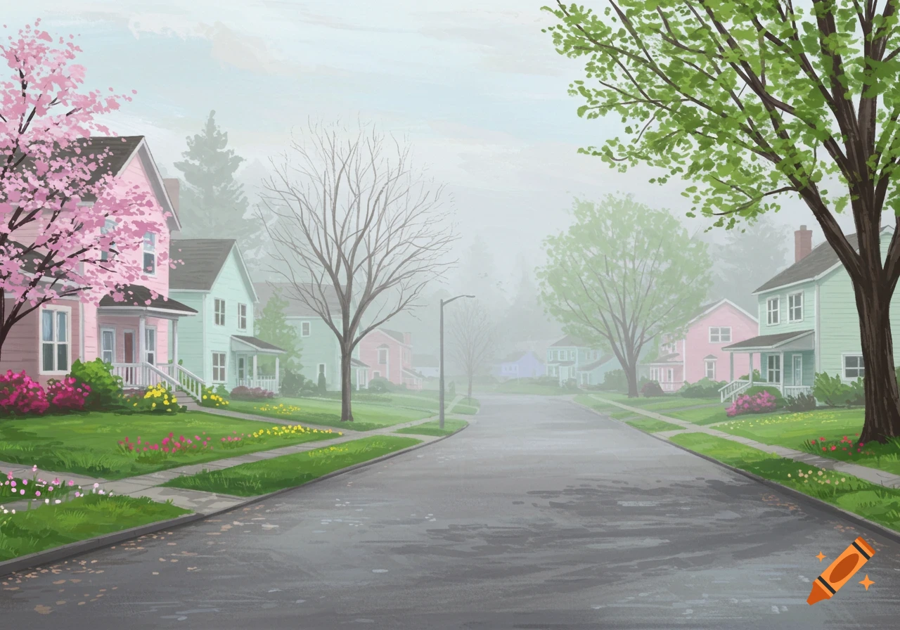 Illustrated suburban street with colorful houses, blooming trees, and fog on a spring day.