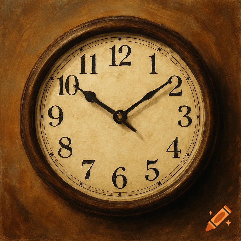 Close-up of an old-fashioned clock face with Arabic numerals and two hands, set against a warm, textured background in a painterly style.