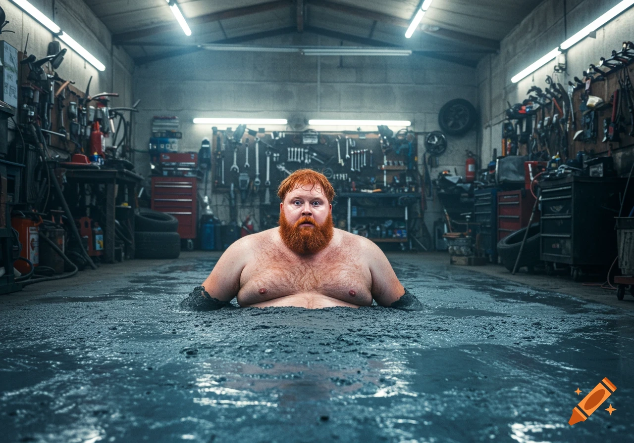A shirtless, bearded man with red hair sinking into dark liquid concrete in an auto shop garage, looking surprised.