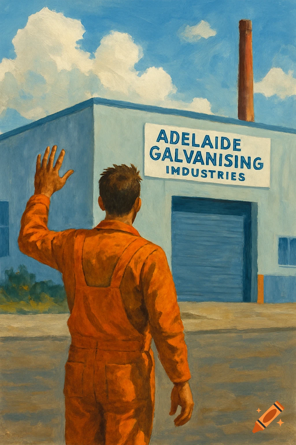 Painting of a man in orange overalls waving at a light blue industrial building with 'Adelaide Galvanising Industries' on a sign.