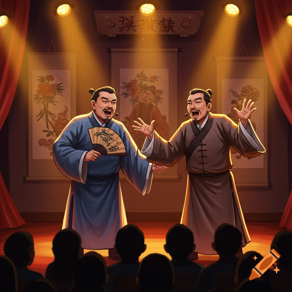 Two men in traditional Chinese clothing perform on a stage with painted scrolls, one holds a fan. Illustrative style.