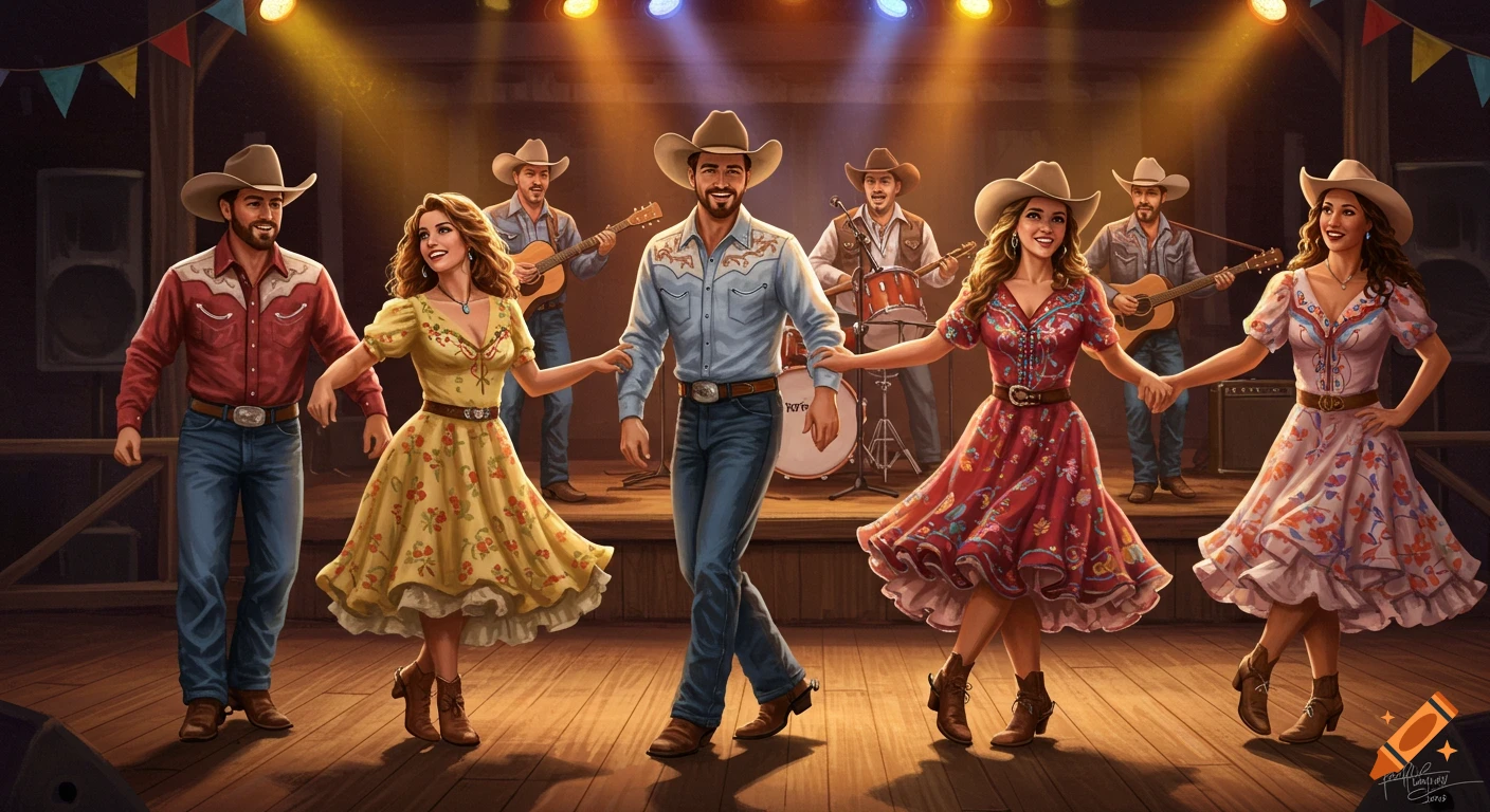 People in western wear line dancing on a stage with a country band playing