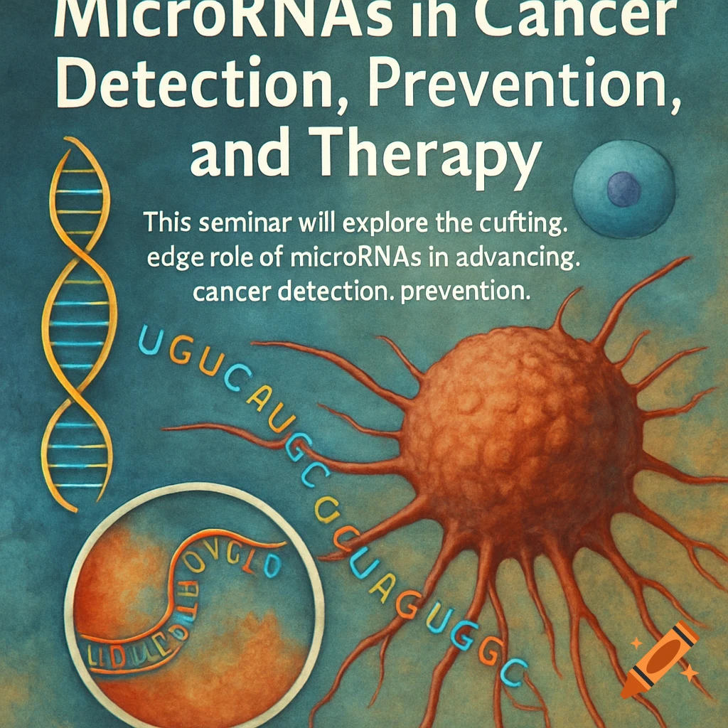 A scientific illustration with a DNA helix, a cancer cell, and a blue cell on a teal background. Text explains 'MicroRNAs in Cancer Detection, Prevention, and Therapy'.