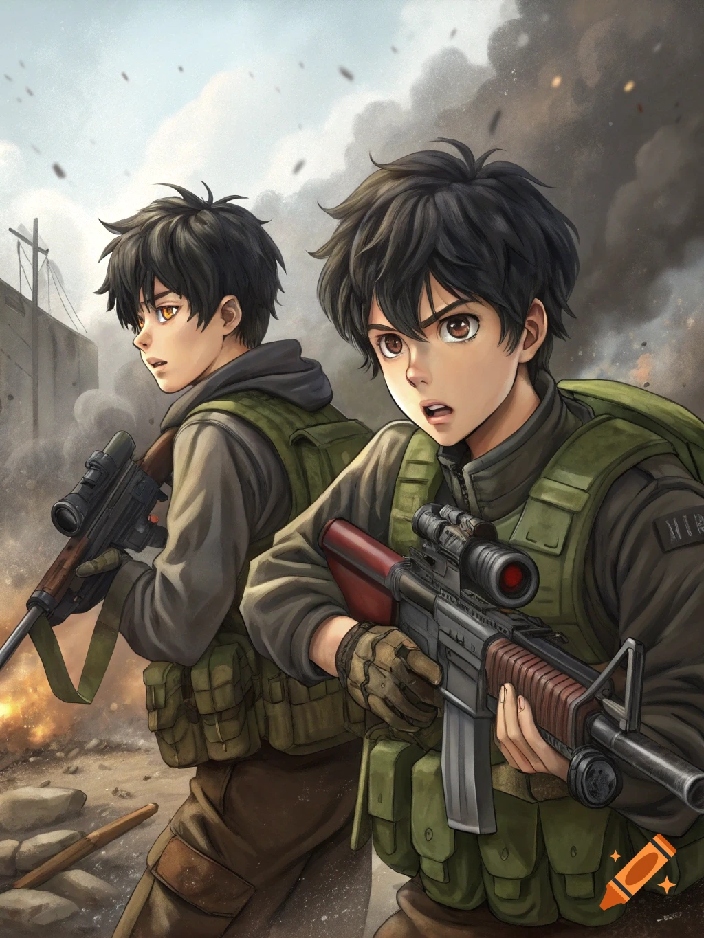 Anime-style illustration of two teenage boys in military gear with rifles in a warzone.