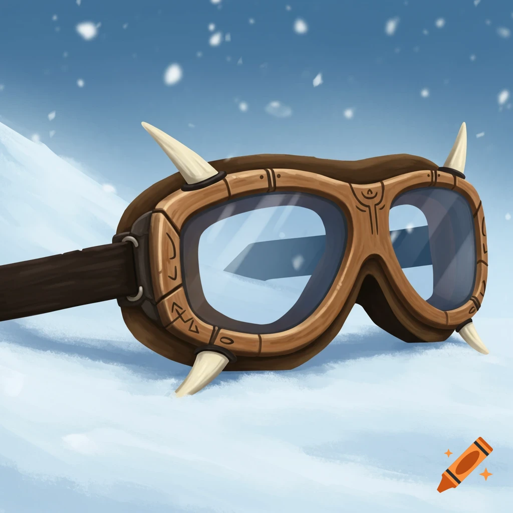 Stylized wooden snow goggles with spikes resting in snow with falling snow.