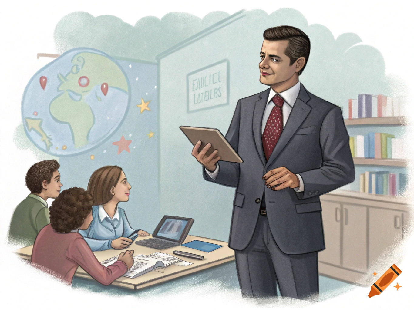 Man in suit giving a presentation in a classroom to students. Illustration.