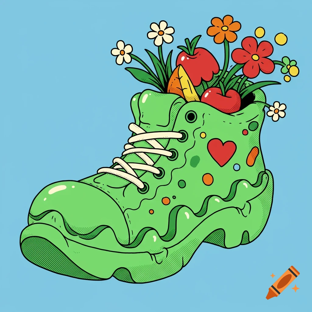 A vibrant cartoon illustration of a whimsical green shoe overflowing with colorful flowers, red apples, and carrots.