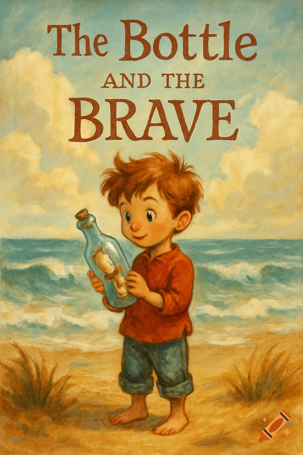 A whimsical illustration of a young boy holding a message in a bottle on a sandy beach. The image serves as a book cover titled 'The Bottle AND THE BRAVE'.