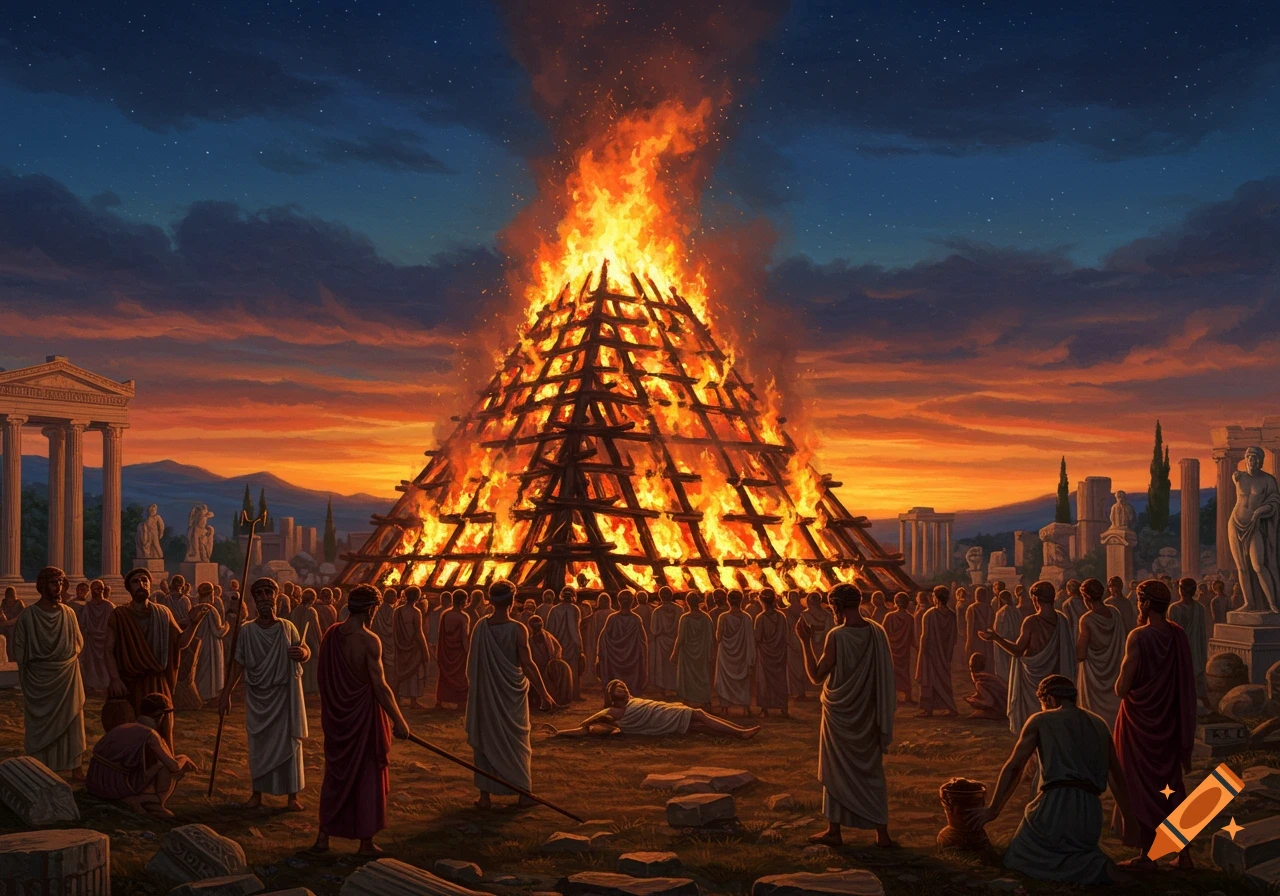 Ancient Greek scene at dusk with a large burning funeral pyre surrounded by robed figures and classical ruins.