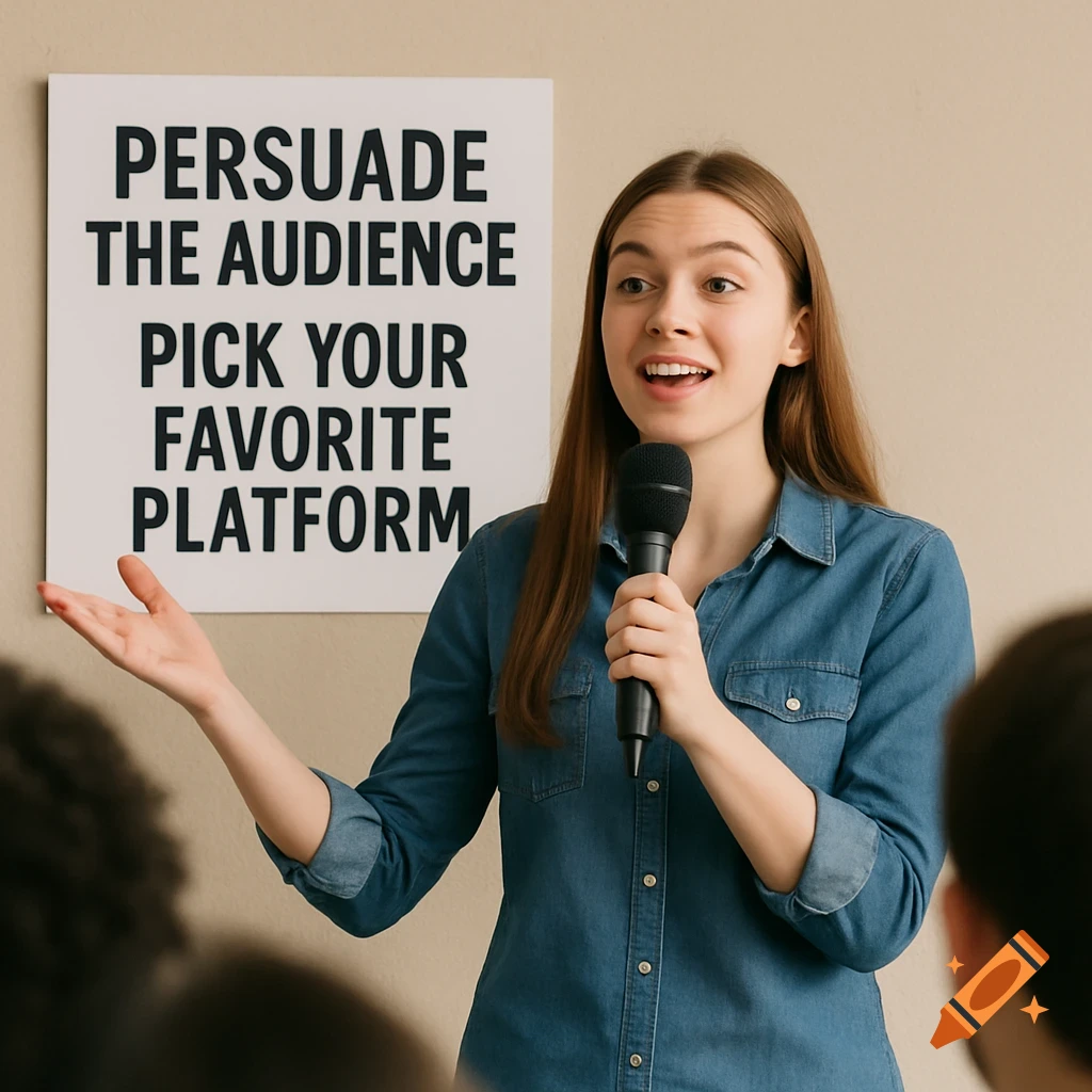 A woman in a denim shirt speaks into a microphone, gesturing towards a sign that reads "PERSUADE THE AUDIENCE PICK YOUR FAVORITE PLATFORM".