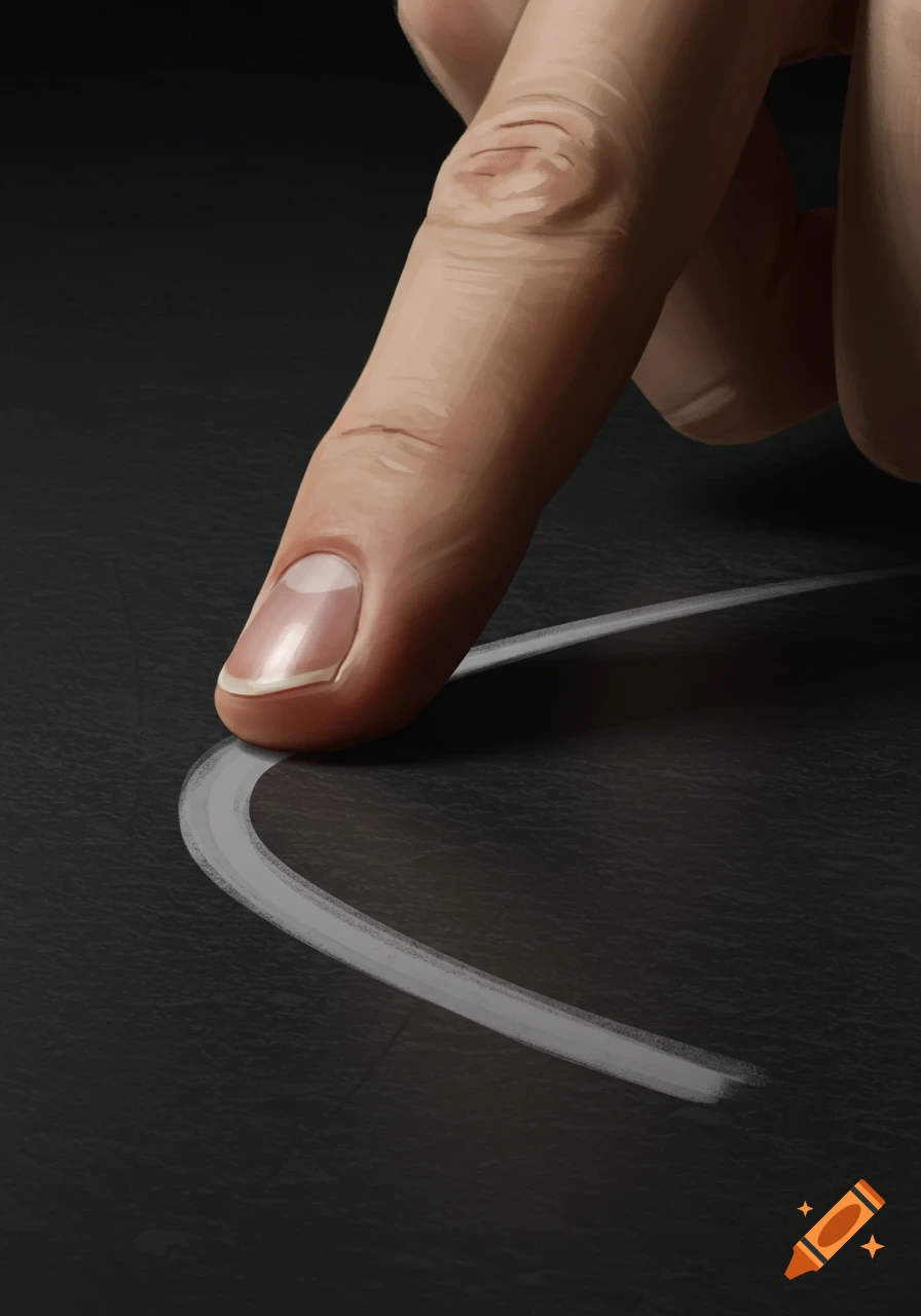 Close-up of a finger drawing a curved line on a dark surface, realistic style.