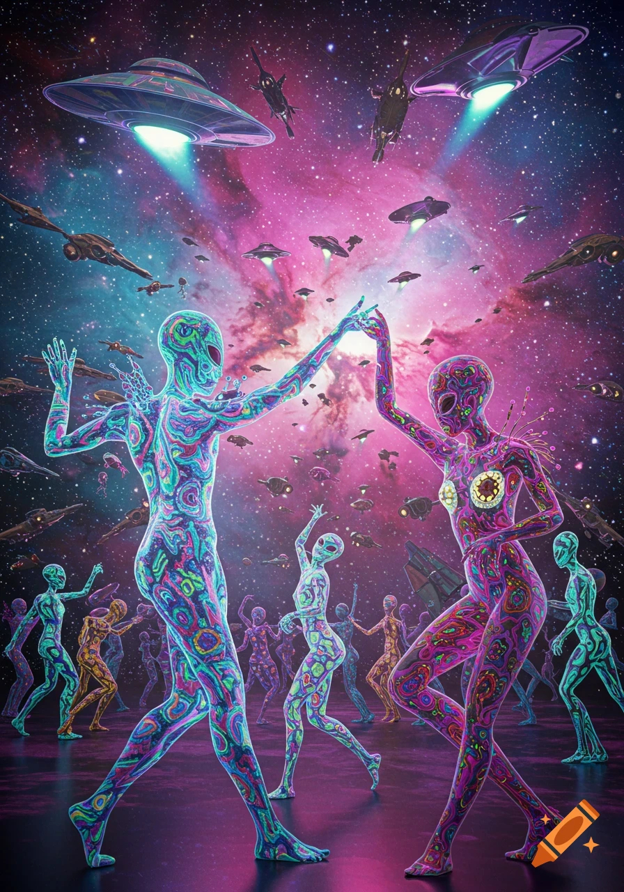 Vibrant psychedelic aliens with swirling patterns dance in space under a pink and blue galaxy, surrounded by various flying spaceships and UFOs.