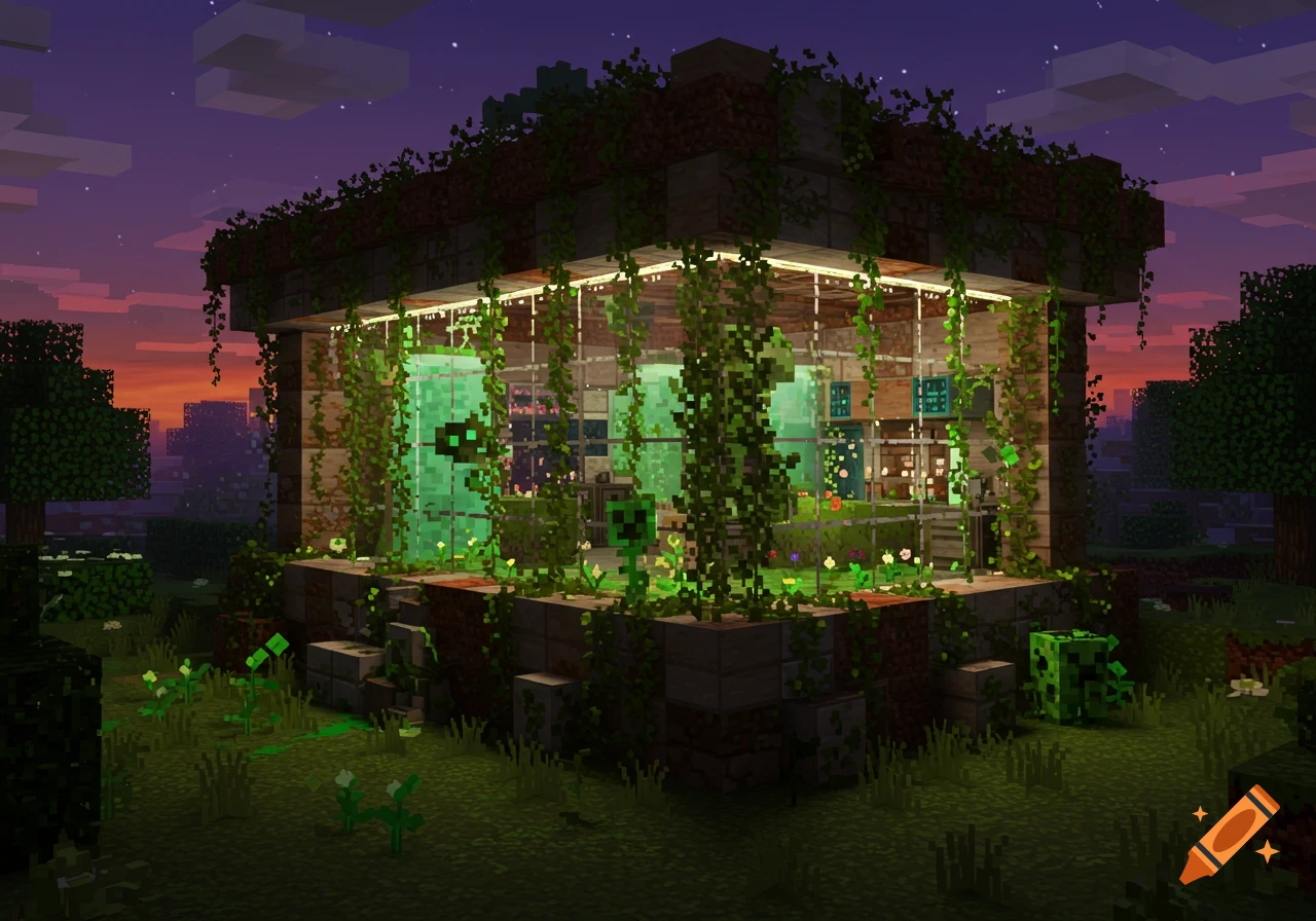 An overgrown Minecraft-style lab building with glowing green elements and vines at dusk.