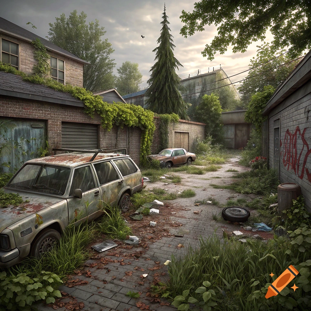 A dilapidated driveway overgrown with weeds and debris, featuring two rusty, abandoned cars and brick buildings with peeling paint and graffiti.
