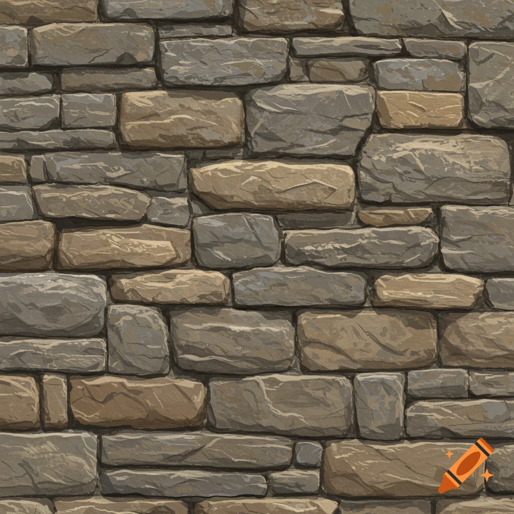A close-up view of a rugged stone wall with varying sizes and shades of brown and gray stones.