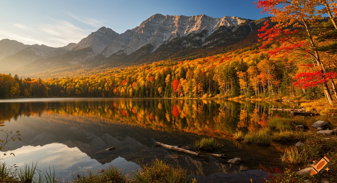 Photorealistic autumn landscape with a lake reflecting vibrant fall foliage and mountains under a clear sky.