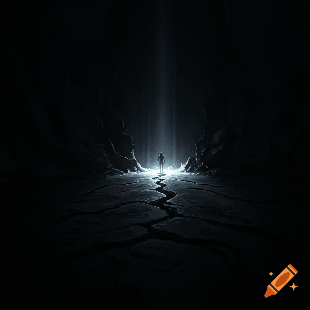 A silhouette stands on a cracked, dark ground, illuminated by a bright, ethereal light from above in a mysterious, cave-like setting.