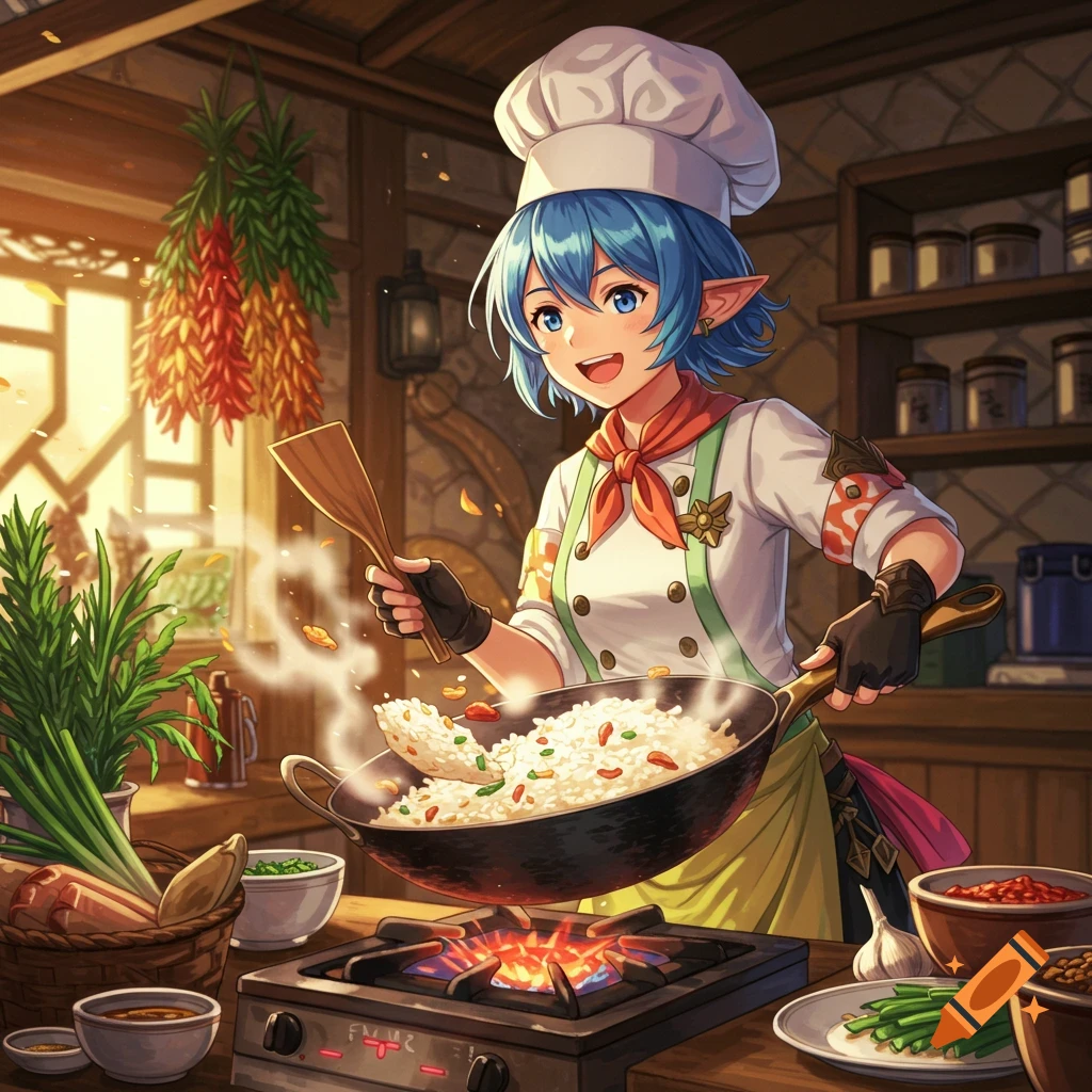 An anime character, likely Cirina from FFXIV, happily fries rice in a kitchen.