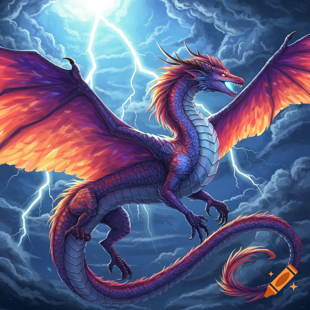 A large purple and orange dragon flies through a stormy sky with lightning.
