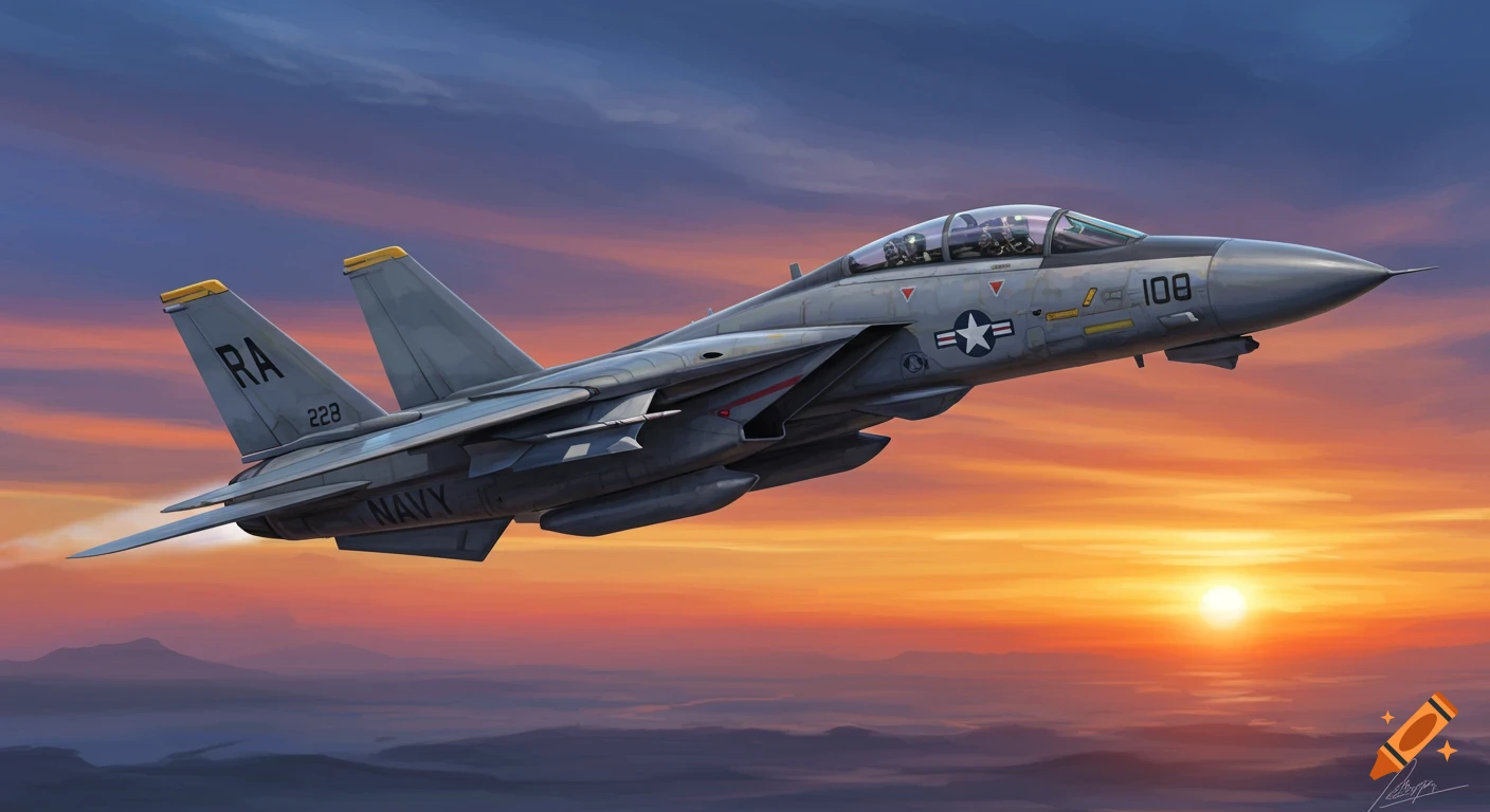 A detailed painting of an F-14 fighter jet flying at sunset.