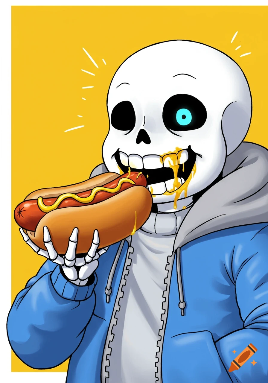 Cartoon of Sans from Undertale eating a hotdog