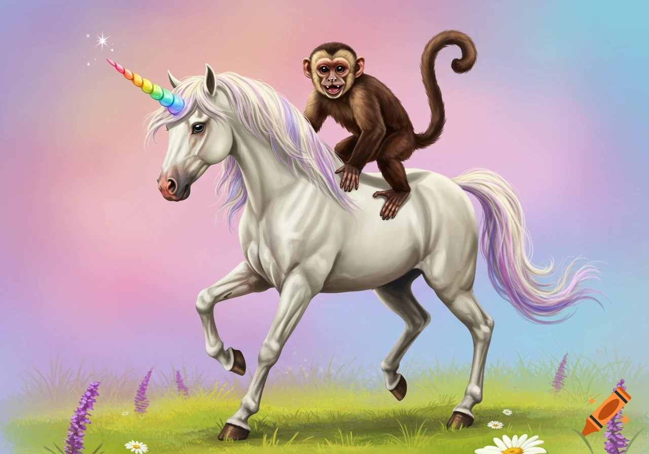 An illustration of a brown monkey riding a white unicorn with a rainbow horn and colorful mane/tail in a pastel field.