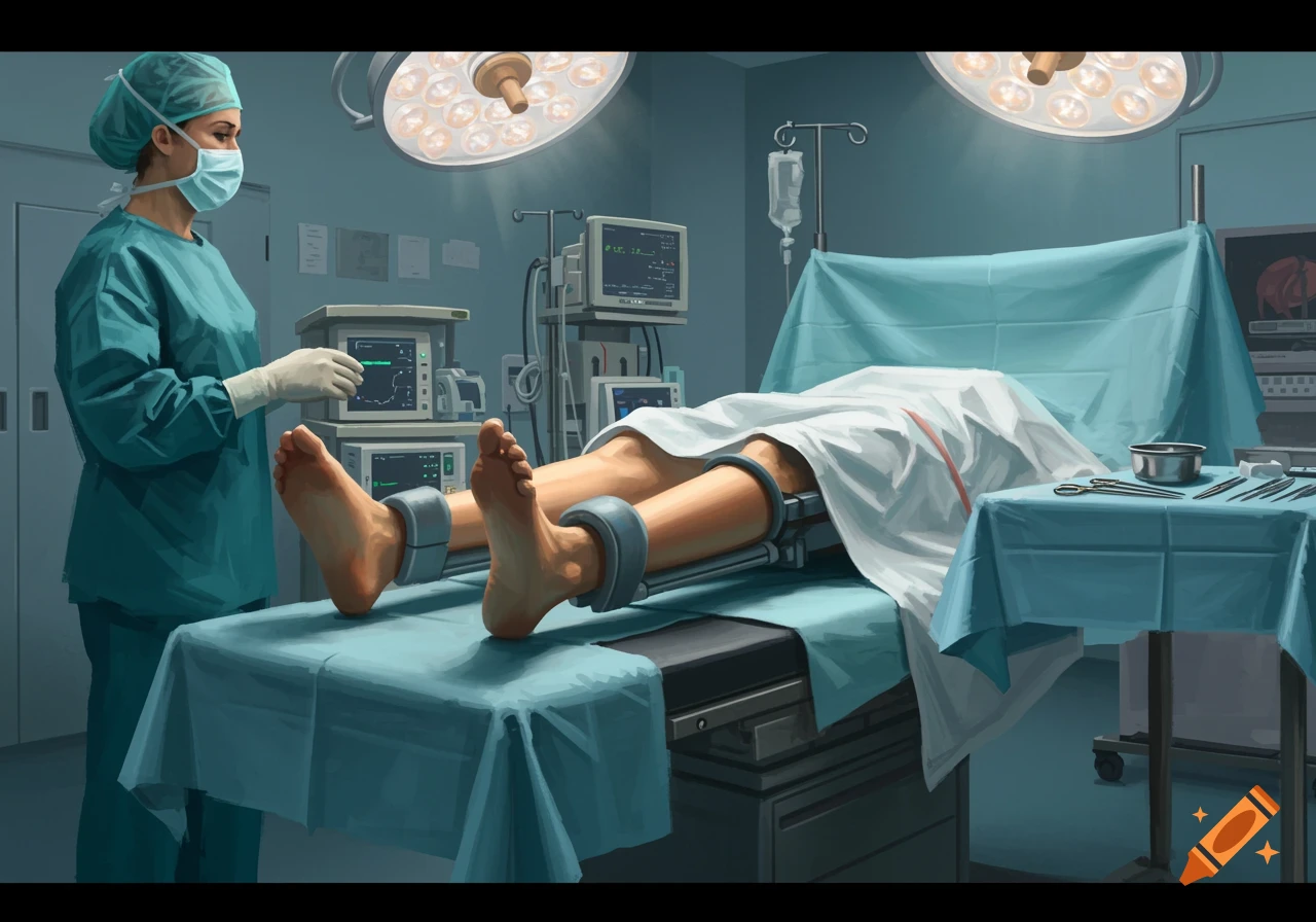 A patient in lithotomy position on an operating table with a surgeon in a medical room.