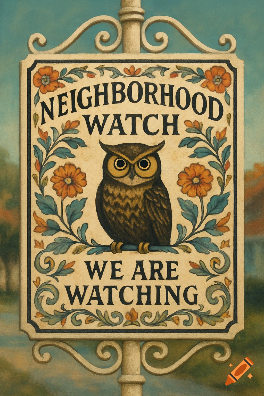 A decorative vintage-style sign for 'Neighborhood Watch' featuring an owl perched amidst orange flowers and green leaves.