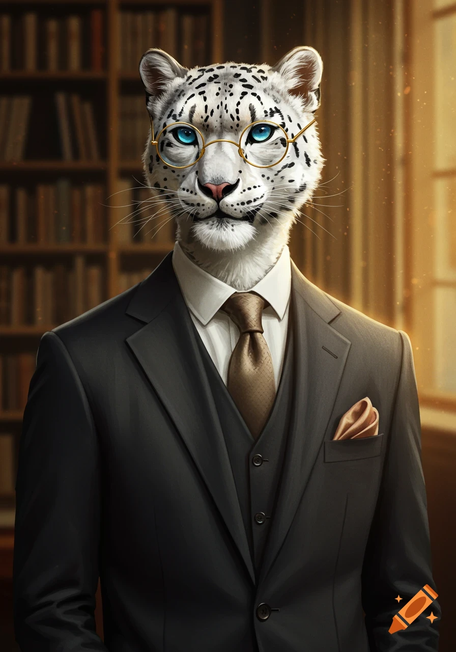 A distinguished snow leopard wearing a suit and glasses stands in a library.