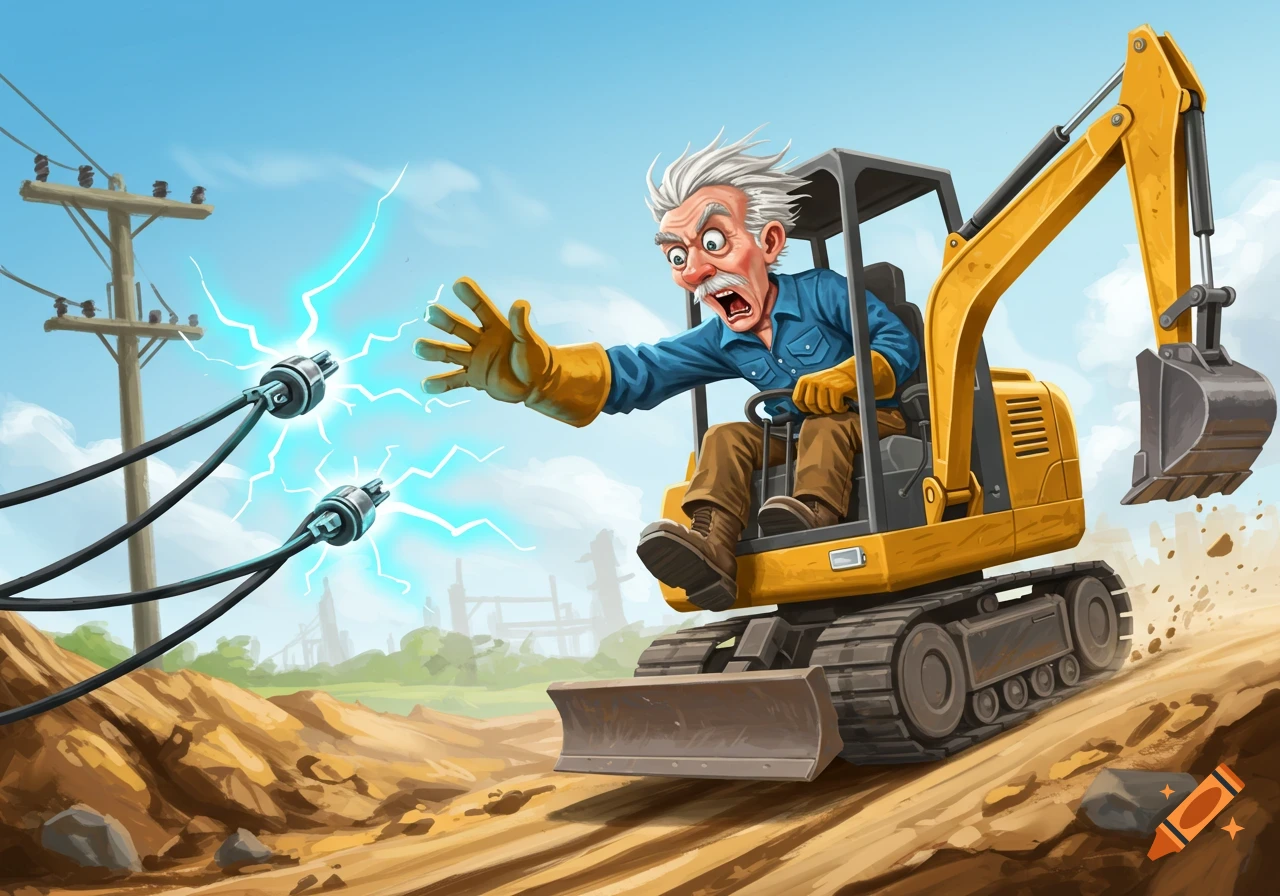 Cartoon illustration of an old man in a mini excavator getting shocked by electrical wires.