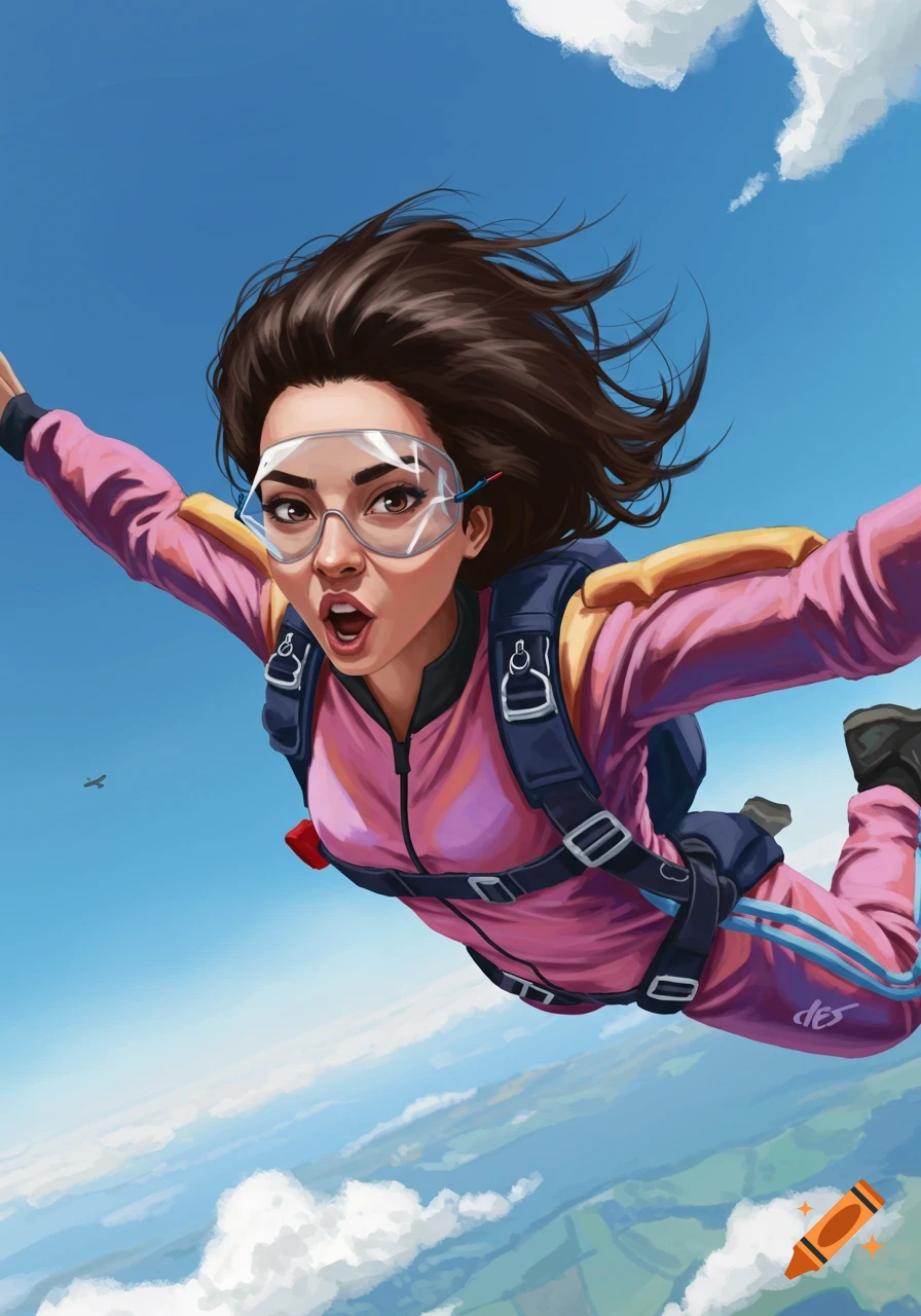 Illustrated portrait of a woman in a pink skydiving suit and goggles, freefalling against a bright blue sky with clouds.