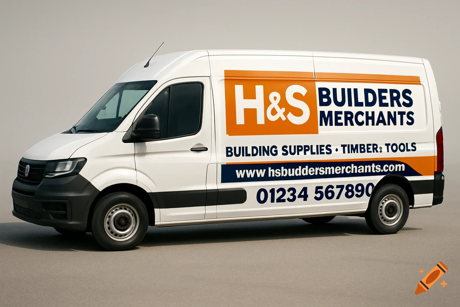A white van with orange and blue branding for H&S Builders Merchants.