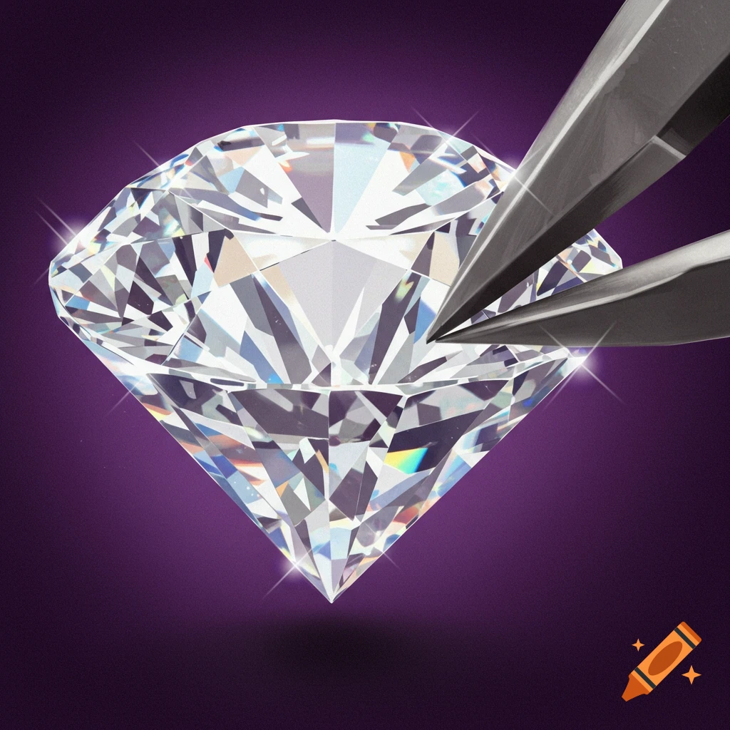 A brilliant-cut diamond held by a metal tool against a vibrant purple background.