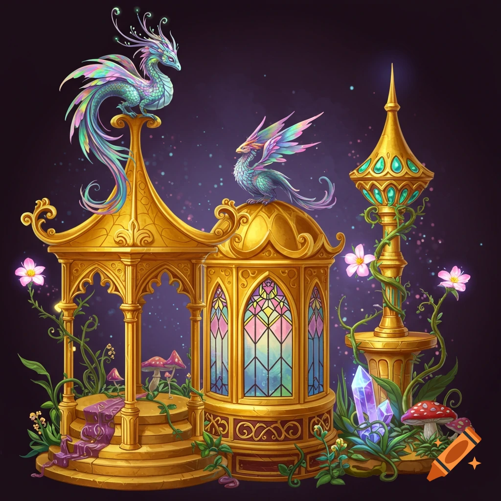 Two iridescent dragons perch on ornate golden fantasy structures surrounded by glowing flowers, mushrooms, and crystals.