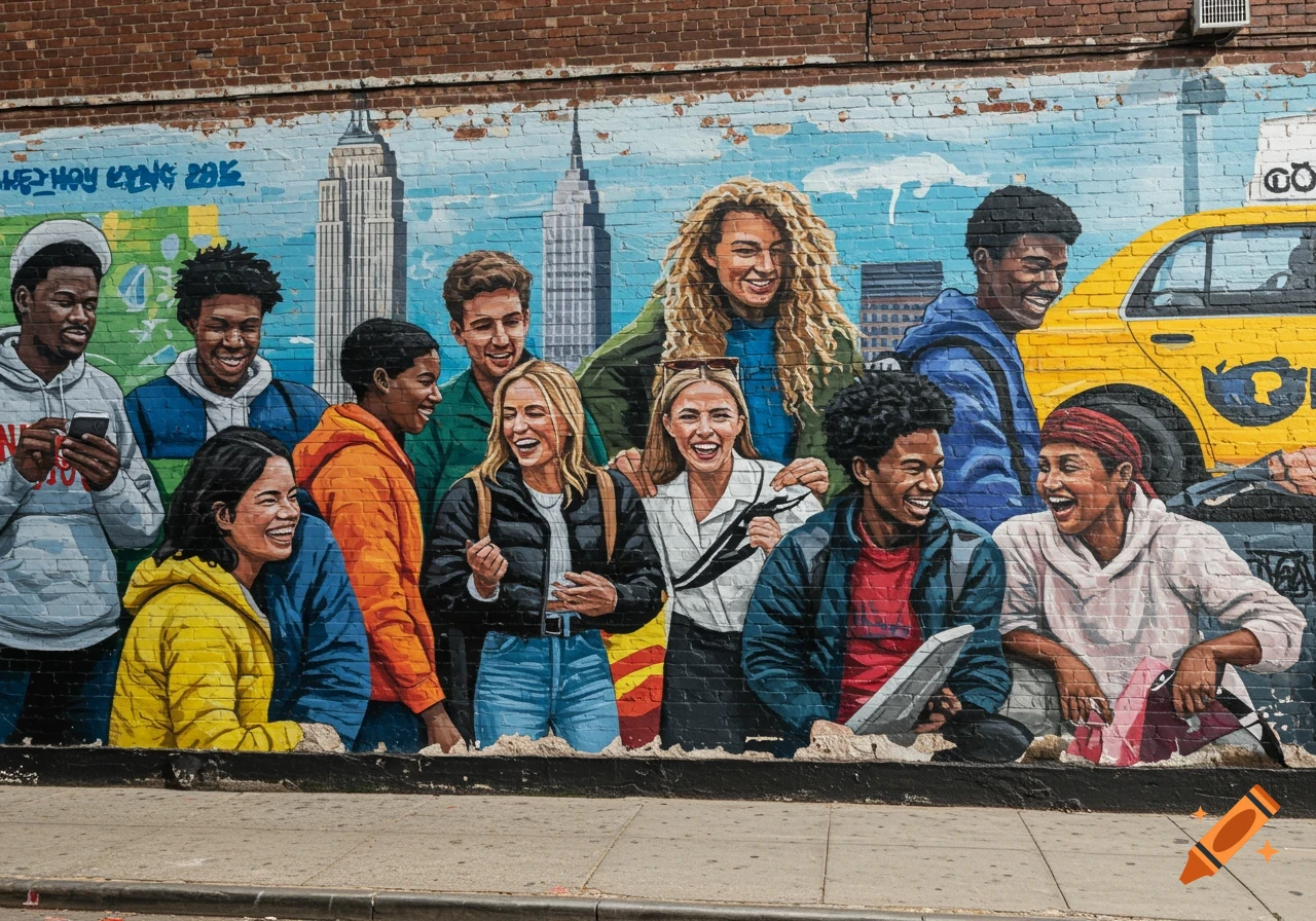 Colorful mural on a brick wall depicting diverse people smiling in front of the NYC skyline and a yellow taxi.