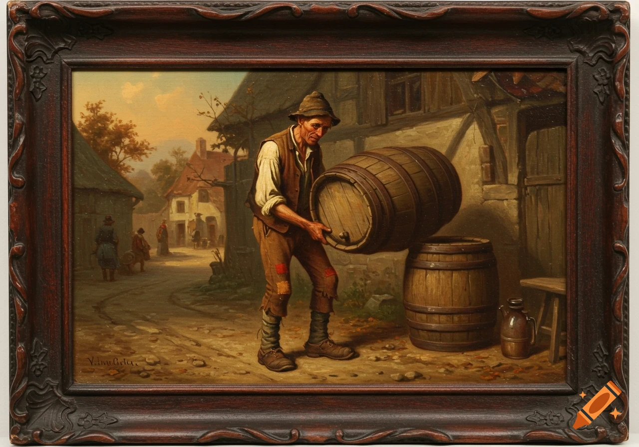 Antique painting of a man carrying a barrel in a village