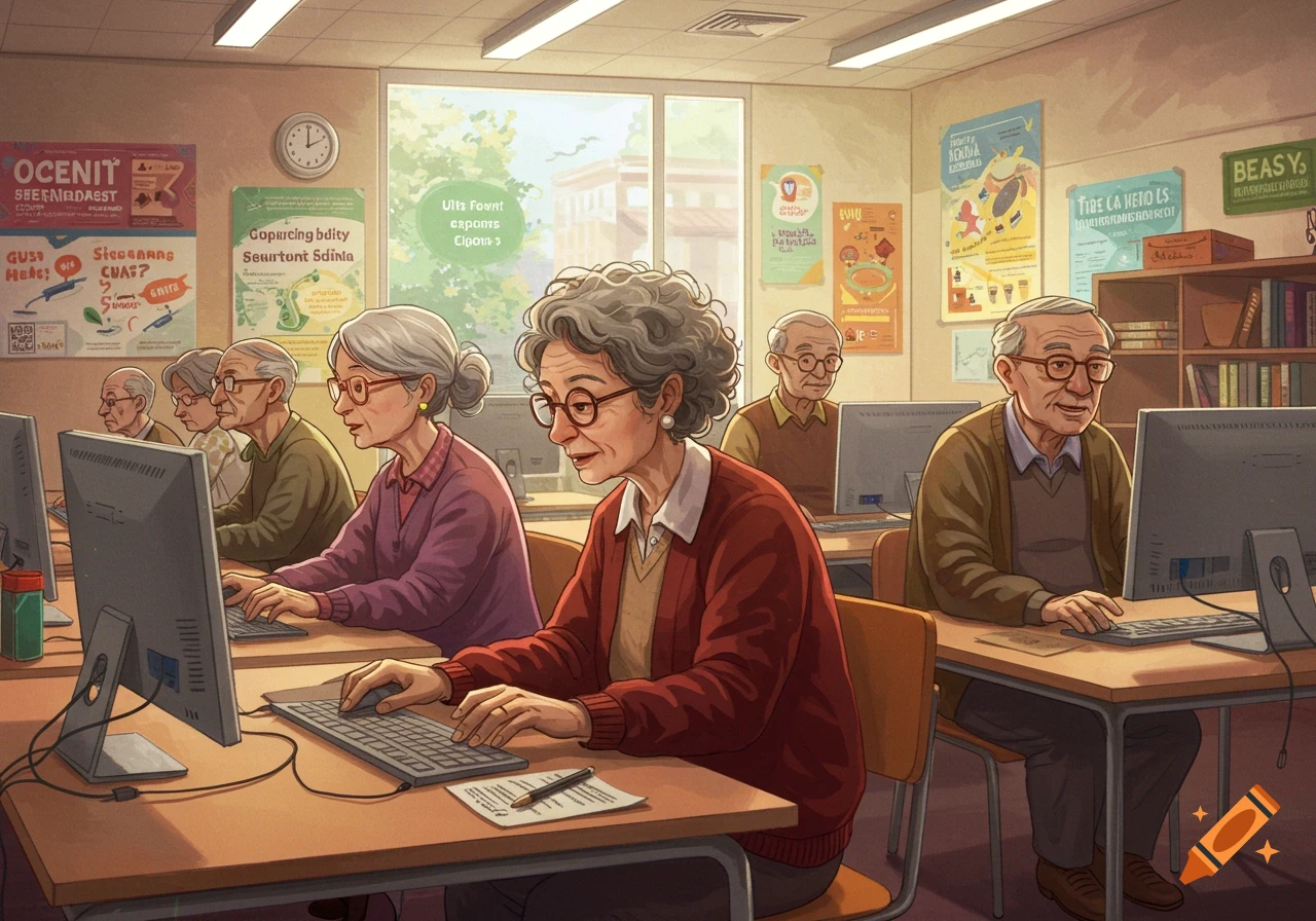 Older adults seated at desks in a classroom, actively learning and typing on desktop computers.