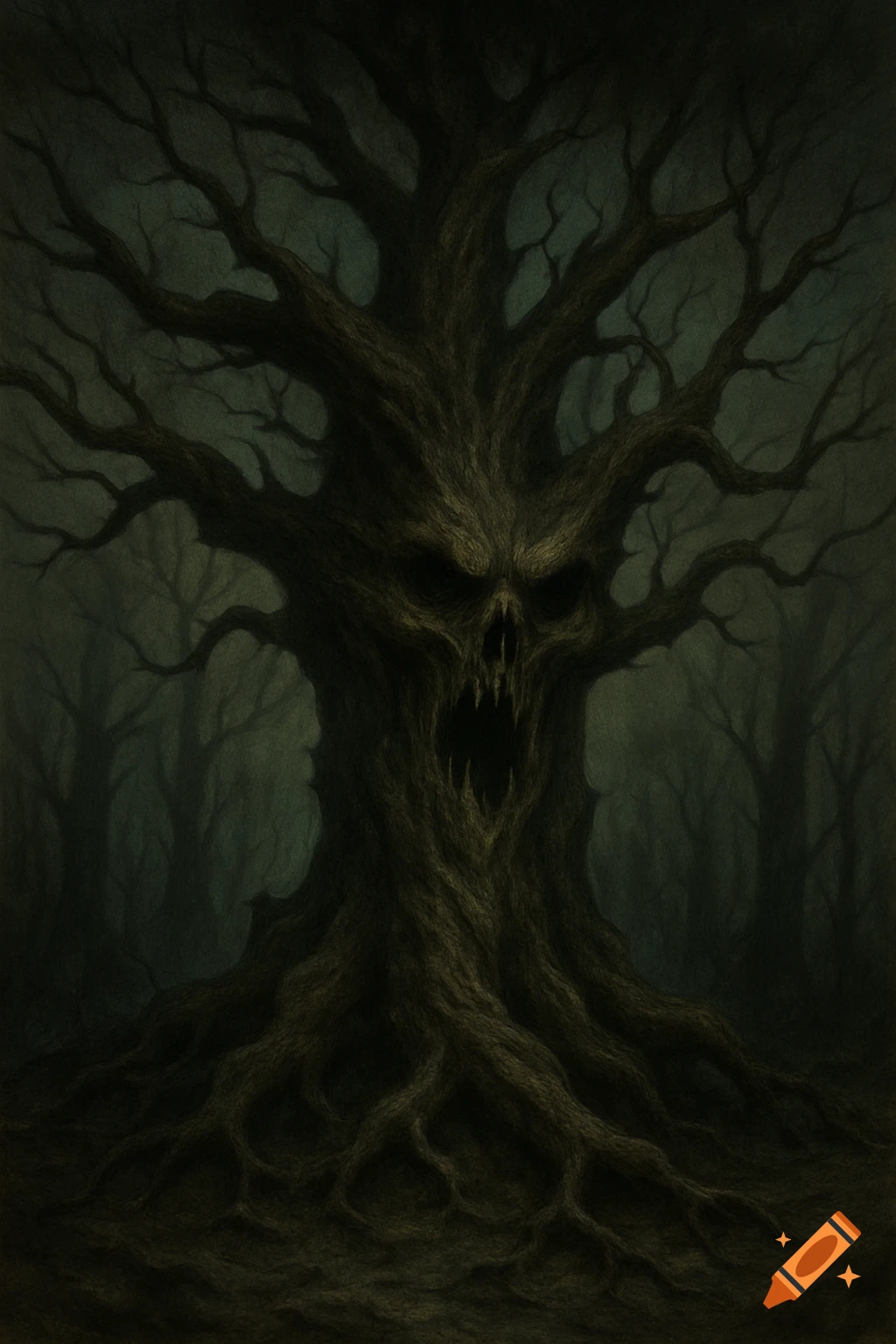 A creepy tree with a skull-like face stands in a dark forest, roots grasping the ground.