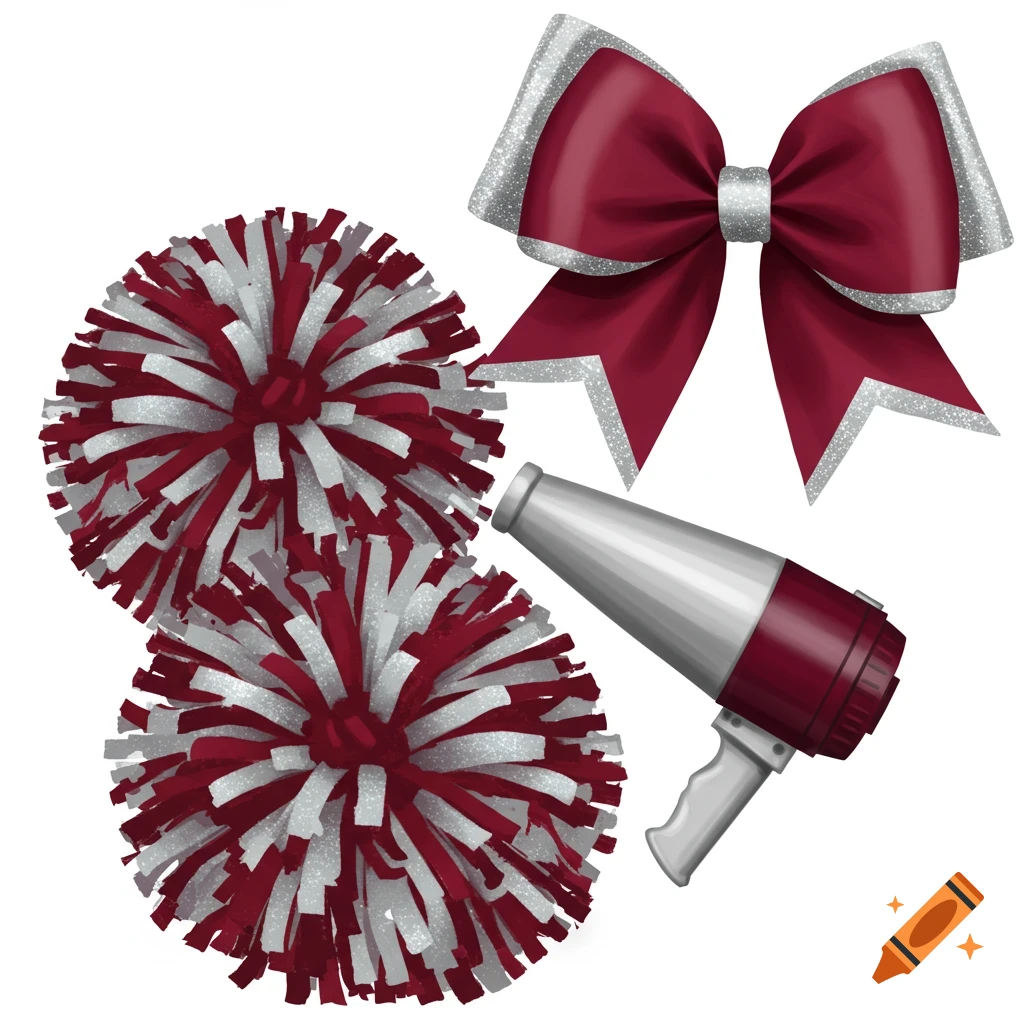A white background features maroon and silver cheerleading accessories including two pom-poms, a megaphone, and a large bow.