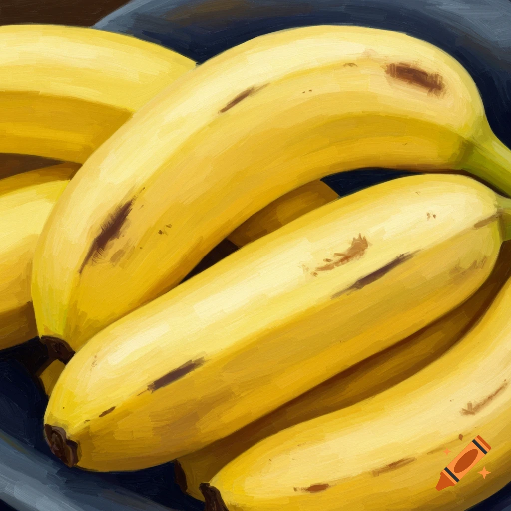 A close-up oil painting of a bunch of ripe yellow bananas with brown spots.