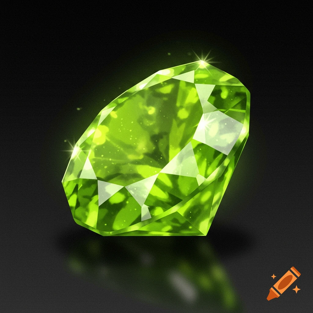 A vibrant green faceted gem sparkles on a dark background, with a reflection below.