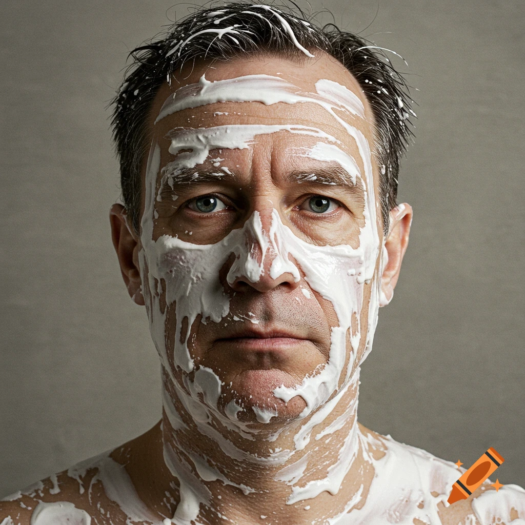 A photorealistic portrait of a man with white cream covering his face and hair, looking directly at the viewer.