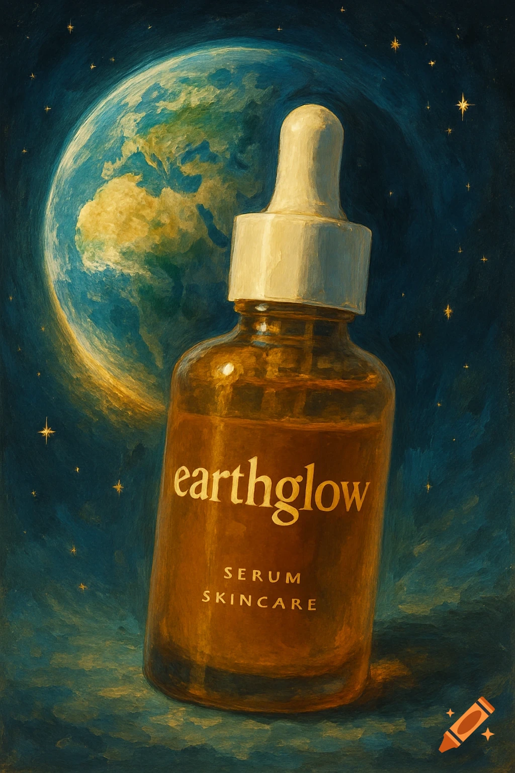 Skincare bottle with earthglow logo in front of Earth and stars, painterly style.