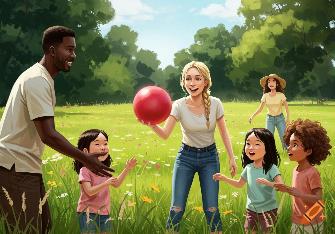 An illustration of a diverse family playing with a red ball in a sunny park with green trees and grass.
