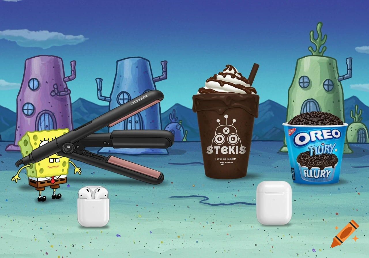 A Spongebob Squarepants themed background with his pineapple houses, featuring Spongebob, a hair straightener, a chocolate milkshake, an Oreo Flurry, and two AirPods cases.